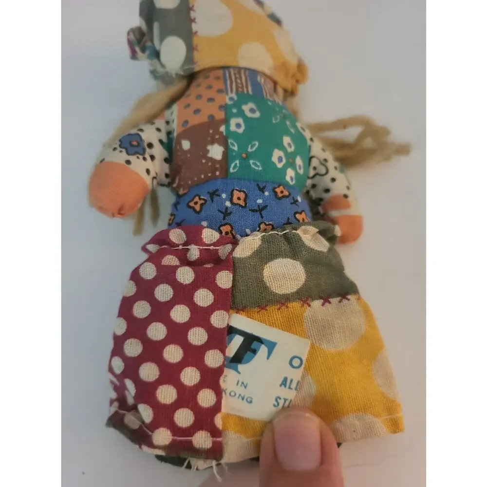 Vintage Ocean Toys cloth girl Rag Doll Yarn Hair Multicolor Patchwork Dress 6.5